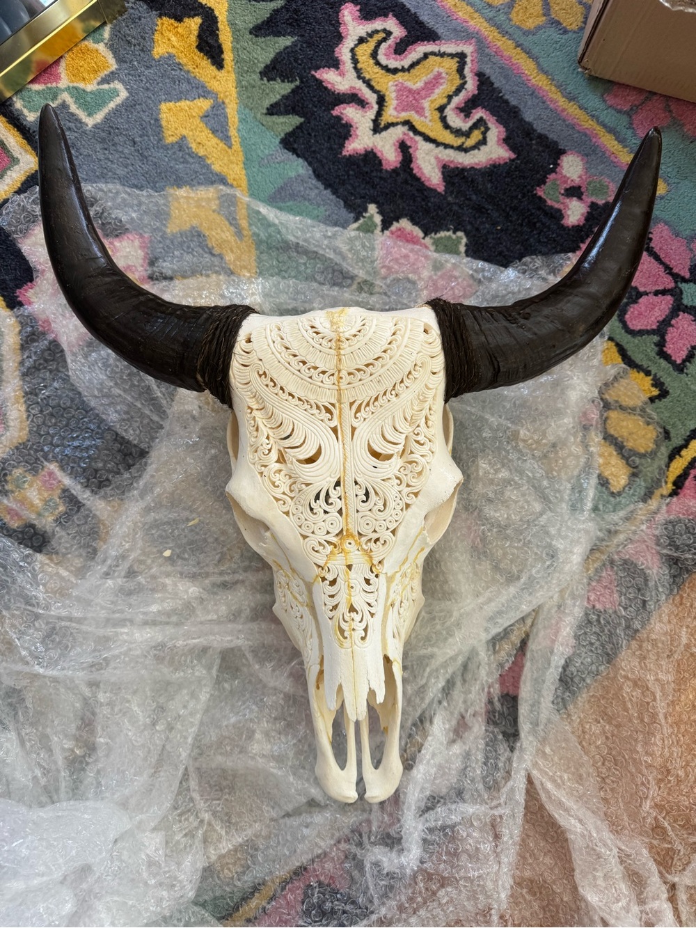 Hand-Carved Decorative Bull Skull Wall Art in Cream and Black